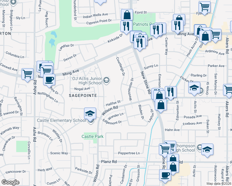 map of restaurants, bars, coffee shops, grocery stores, and more near 2404 Prestwick Court in Bakersfield