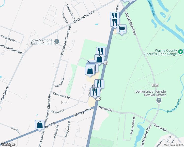 map of restaurants, bars, coffee shops, grocery stores, and more near 5 Five Points Road in Dudley