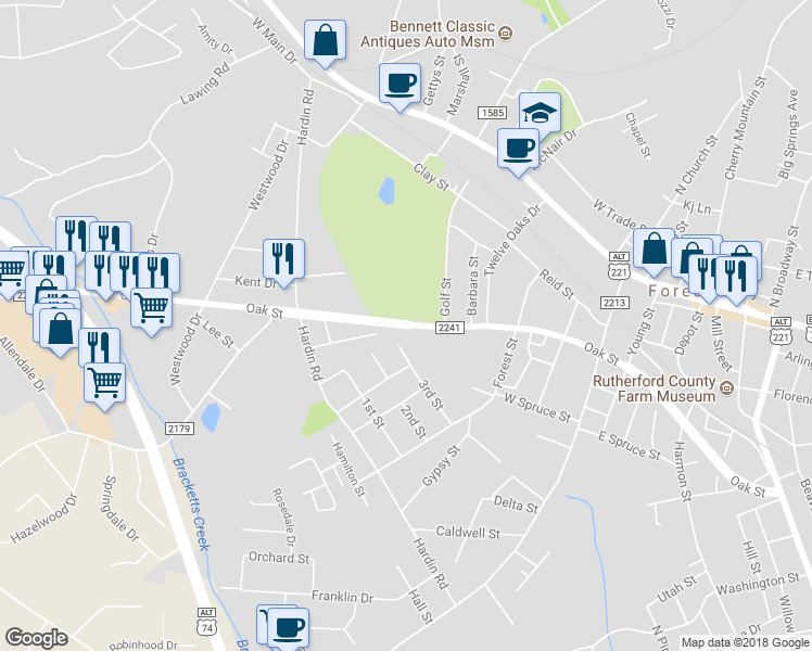 map of restaurants, bars, coffee shops, grocery stores, and more near 469 Oak Street in Forest City