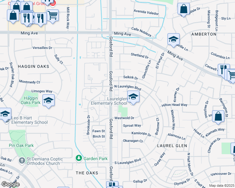 map of restaurants, bars, coffee shops, grocery stores, and more near 2316 Gosford Road in Bakersfield