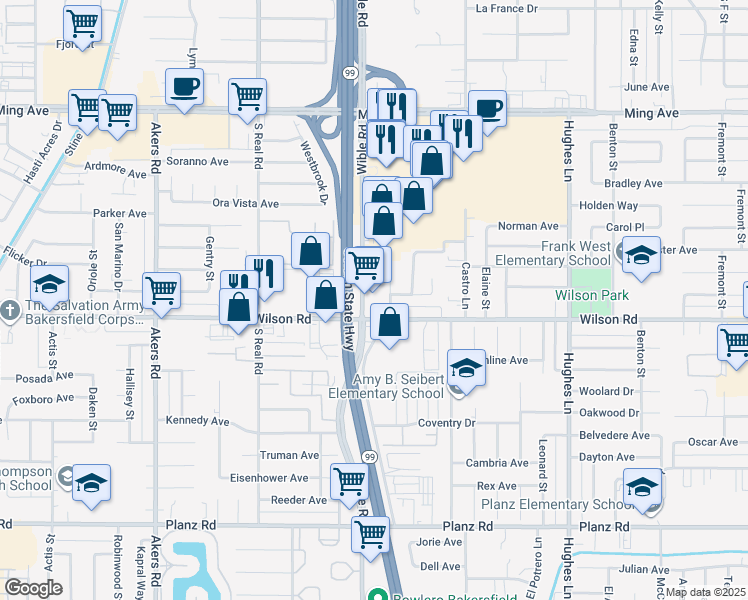 map of restaurants, bars, coffee shops, grocery stores, and more near 2400 Wible Road in Bakersfield