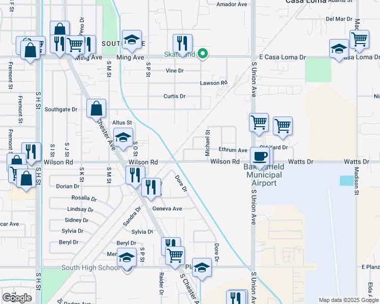map of restaurants, bars, coffee shops, grocery stores, and more near 319 Ethrum Avenue in Bakersfield