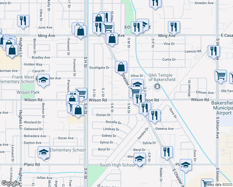 map of restaurants, bars, coffee shops, grocery stores, and more near 2430 South K Street in Bakersfield