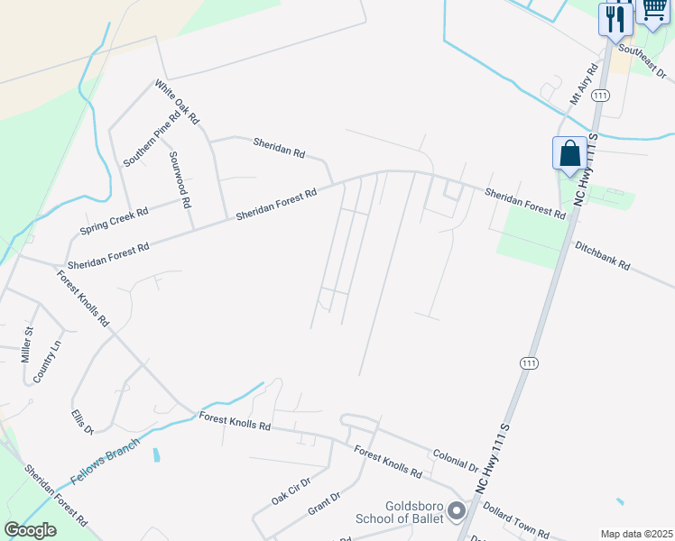 map of restaurants, bars, coffee shops, grocery stores, and more near 206 Greg Drive in Goldsboro