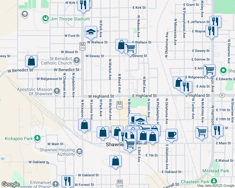 map of restaurants, bars, coffee shops, grocery stores, and more near 123 West Highland Street in Shawnee