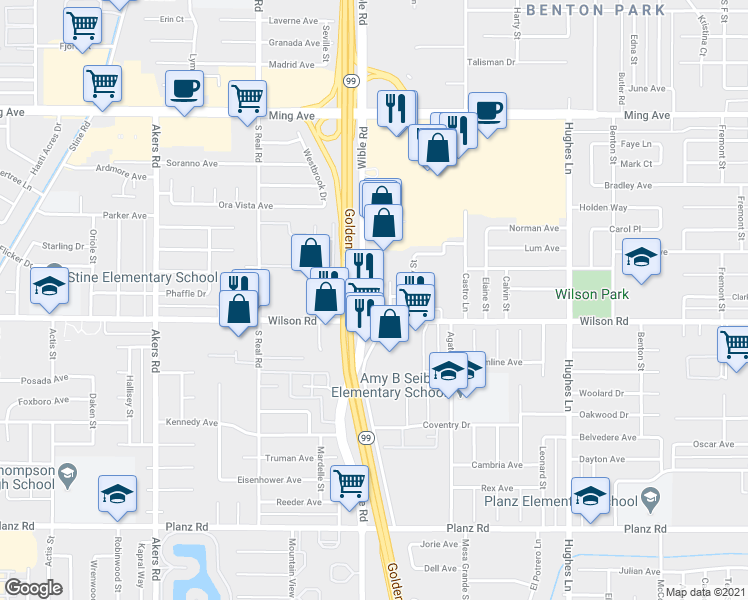 map of restaurants, bars, coffee shops, grocery stores, and more near 2400 Wible Road in Bakersfield