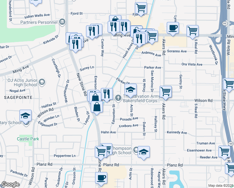 map of restaurants, bars, coffee shops, grocery stores, and more near 4517 Meadowlark Way in Bakersfield