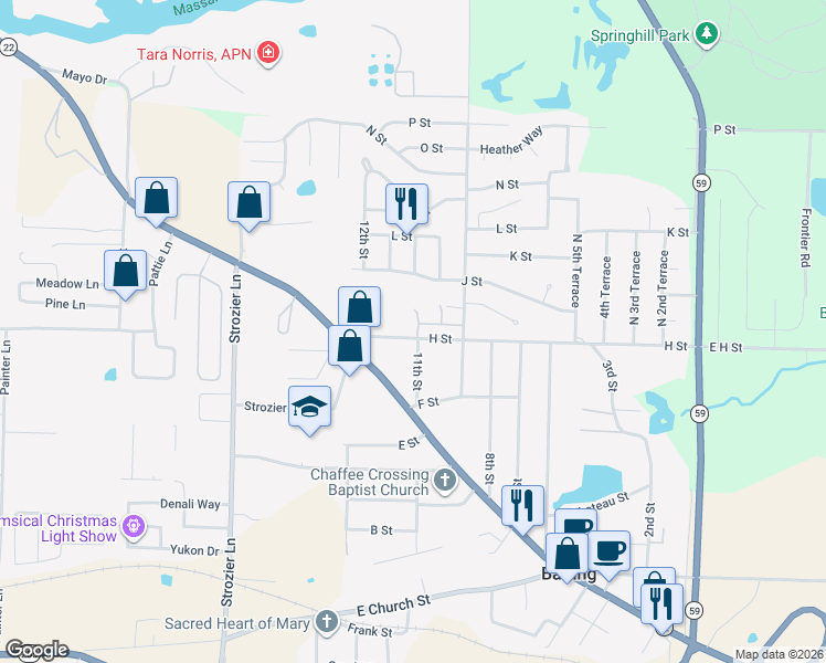 map of restaurants, bars, coffee shops, grocery stores, and more near 1109 H Street in Barling