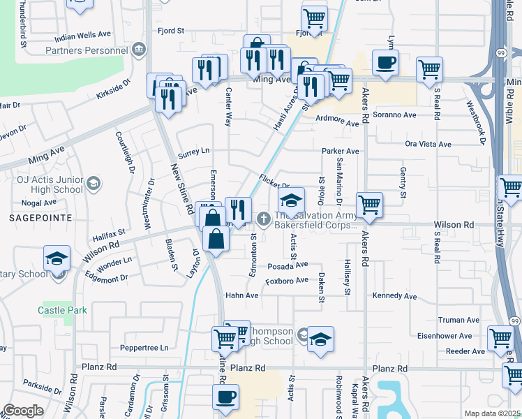 map of restaurants, bars, coffee shops, grocery stores, and more near 4517 Meadowlark Way in Bakersfield
