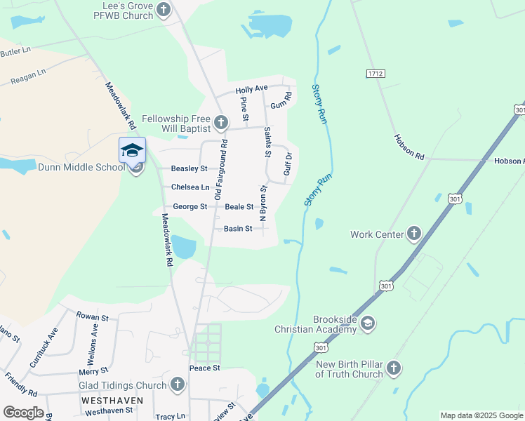 map of restaurants, bars, coffee shops, grocery stores, and more near North Byron Street in Dunn