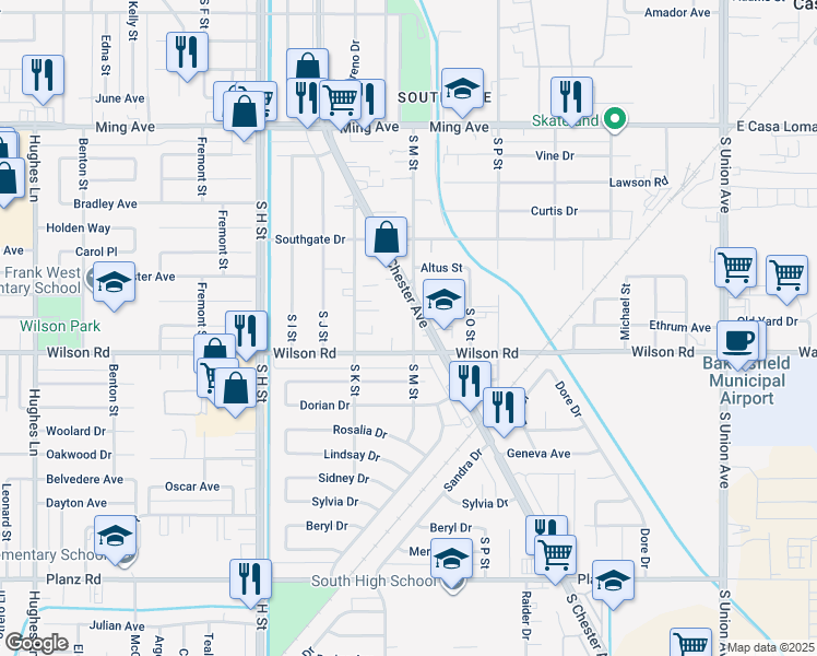 map of restaurants, bars, coffee shops, grocery stores, and more near 1212 Wilson Road in Bakersfield