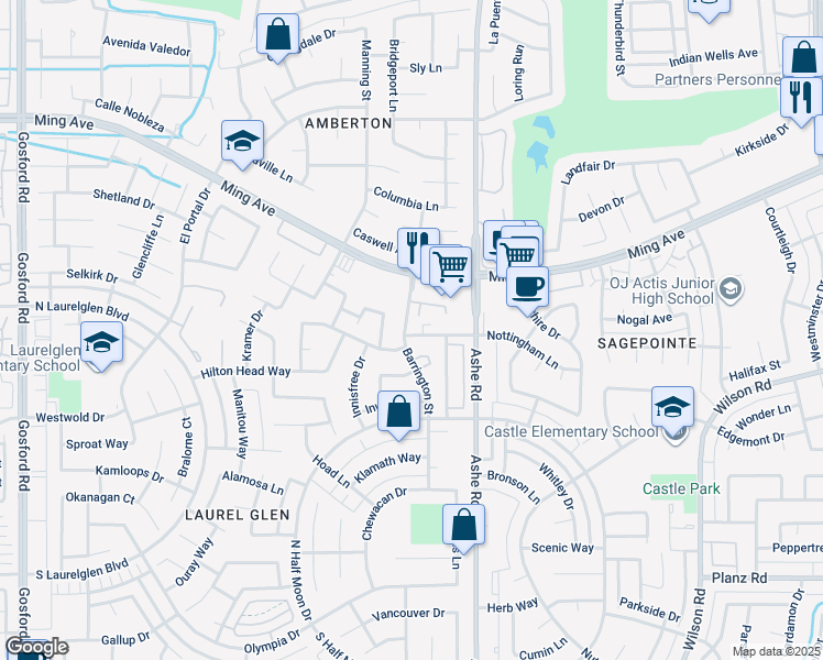 map of restaurants, bars, coffee shops, grocery stores, and more near 6900 Seapines Drive in Bakersfield