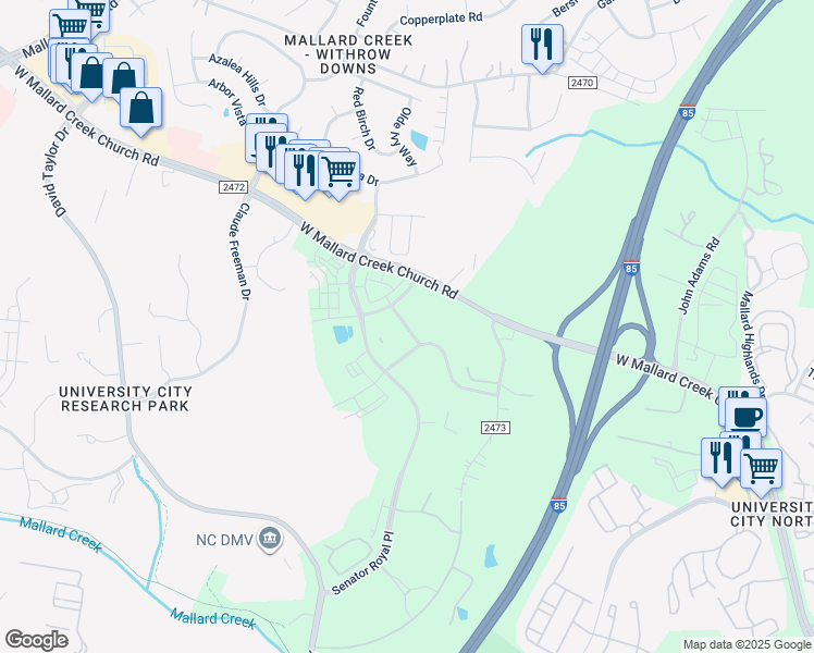 map of restaurants, bars, coffee shops, grocery stores, and more near 1809 Alexander Highlands Drive in Charlotte