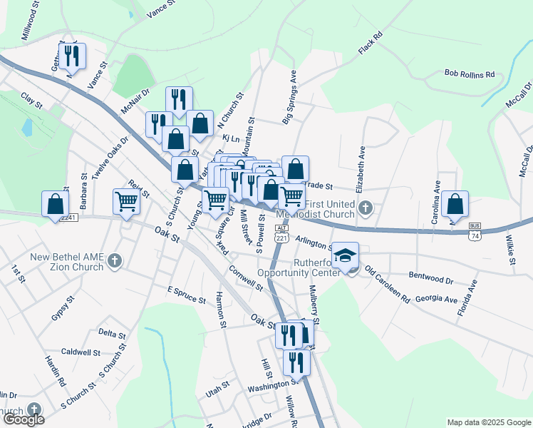 map of restaurants, bars, coffee shops, grocery stores, and more near 124 South Broadway Street in Forest City