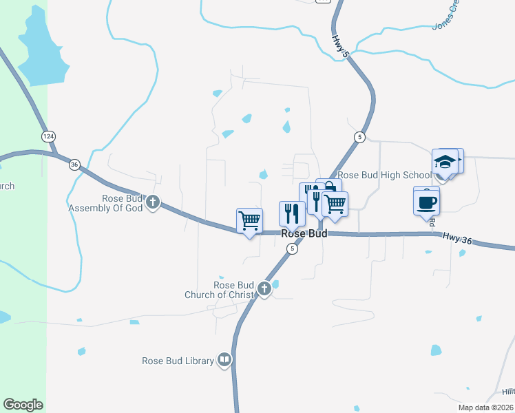 map of restaurants, bars, coffee shops, grocery stores, and more near 6056 Arkansas 36 in Rose Bud