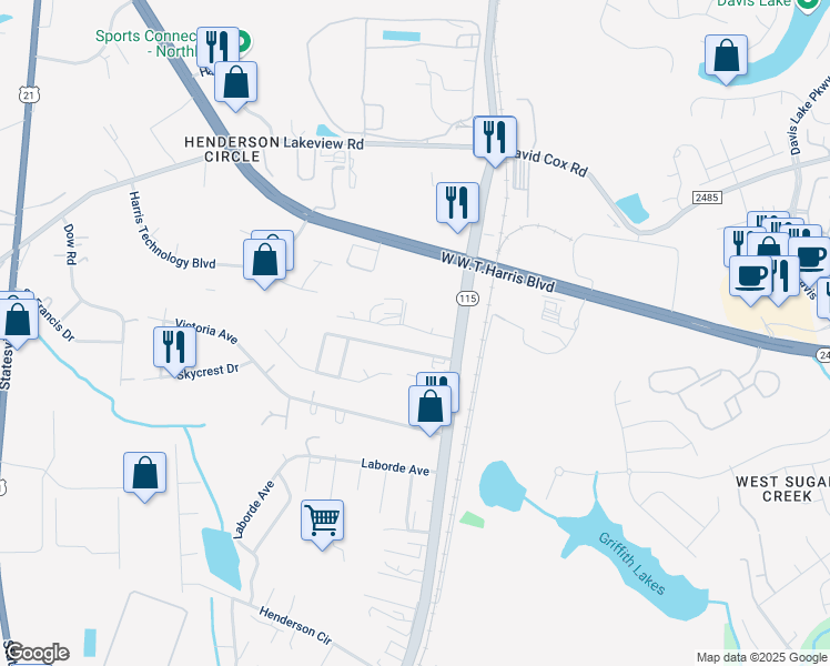 map of restaurants, bars, coffee shops, grocery stores, and more near 4832 Twin Drive in Charlotte