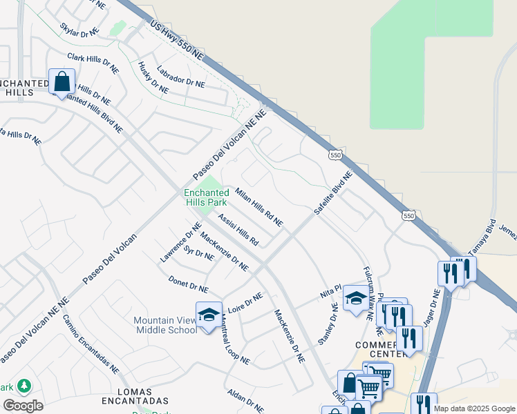 map of restaurants, bars, coffee shops, grocery stores, and more near Milan Hills Road Northeast in Rio Rancho