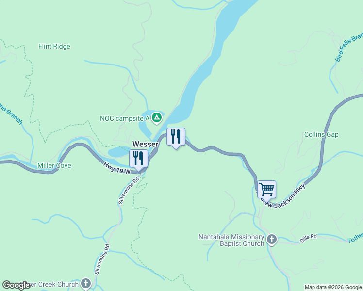 map of restaurants, bars, coffee shops, grocery stores, and more near 12730 U.S. 19 in Bryson City