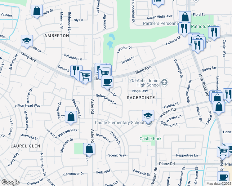 map of restaurants, bars, coffee shops, grocery stores, and more near 2413 Cheshire Drive in Bakersfield