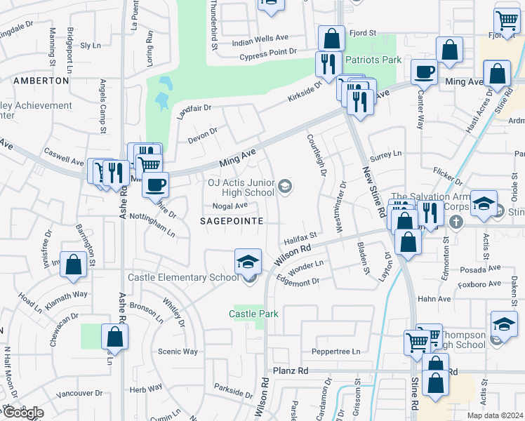 map of restaurants, bars, coffee shops, grocery stores, and more near 2425 Westholme Boulevard in Bakersfield