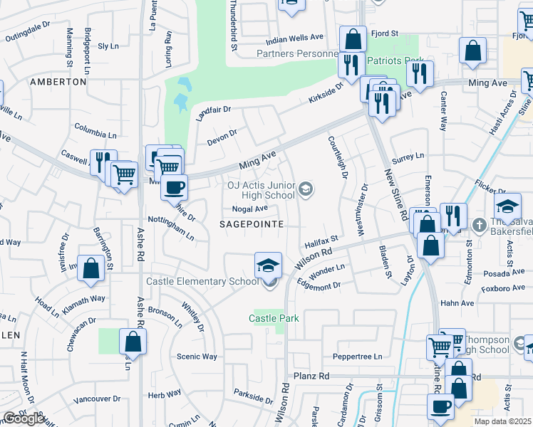 map of restaurants, bars, coffee shops, grocery stores, and more near 5900 Cardiff Avenue in Bakersfield