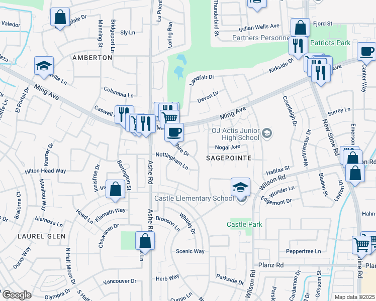 map of restaurants, bars, coffee shops, grocery stores, and more near 2413 Cheshire Drive in Bakersfield