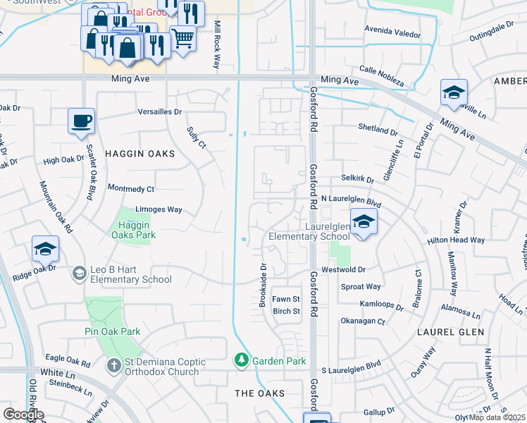 map of restaurants, bars, coffee shops, grocery stores, and more near 2605 Brookside Drive in Bakersfield