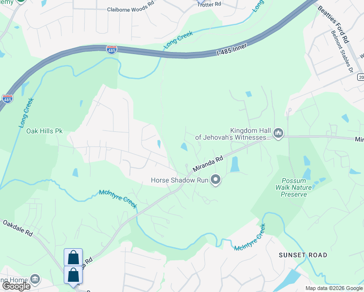 map of restaurants, bars, coffee shops, grocery stores, and more near 2835 Miranda Road in Charlotte