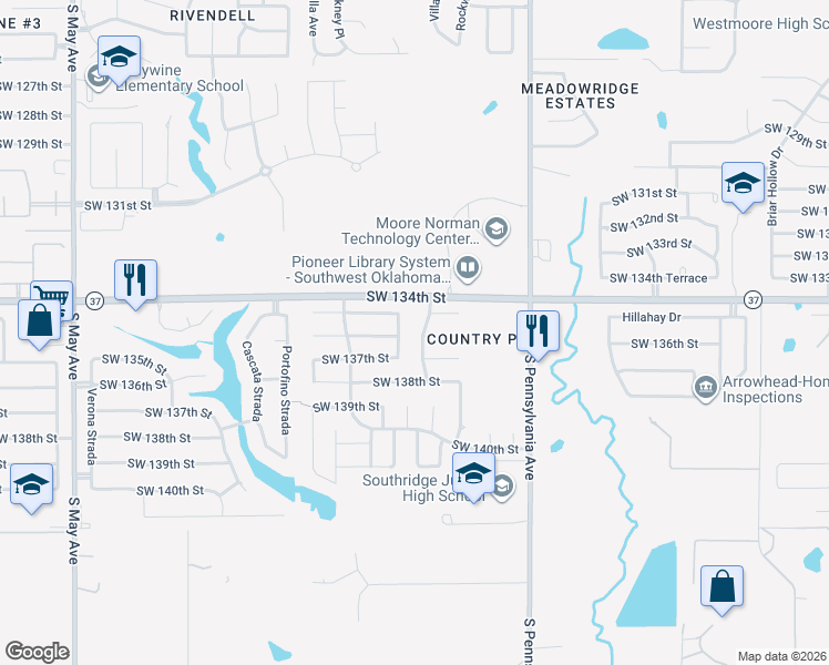 map of restaurants, bars, coffee shops, grocery stores, and more near 13078 Thistle Trail in Oklahoma City