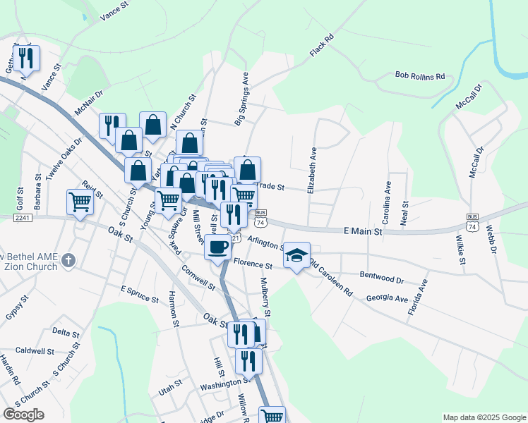 map of restaurants, bars, coffee shops, grocery stores, and more near 245 East Main Street in Forest City