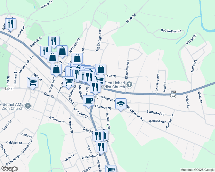map of restaurants, bars, coffee shops, grocery stores, and more near 245 East Main Street in Forest City