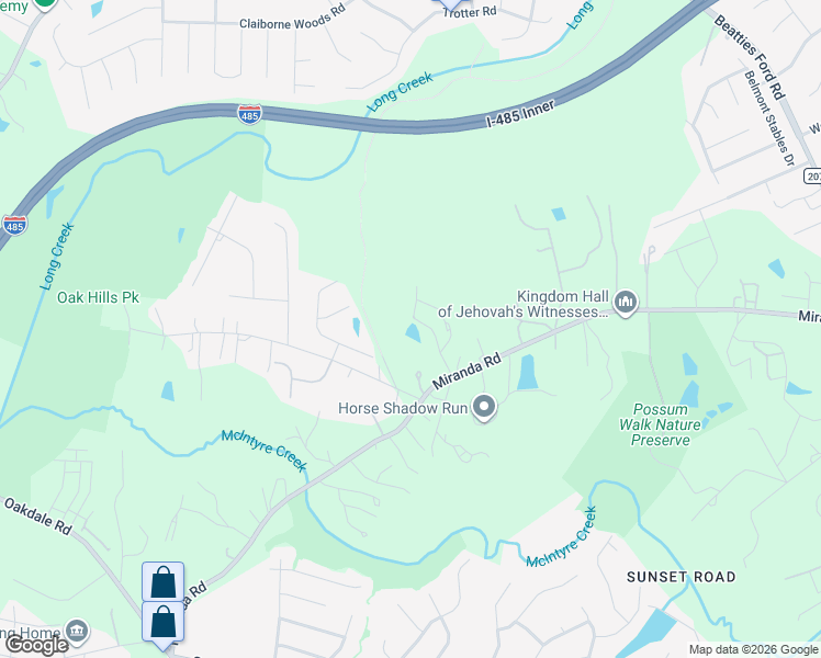map of restaurants, bars, coffee shops, grocery stores, and more near 2835 Miranda Road in Charlotte