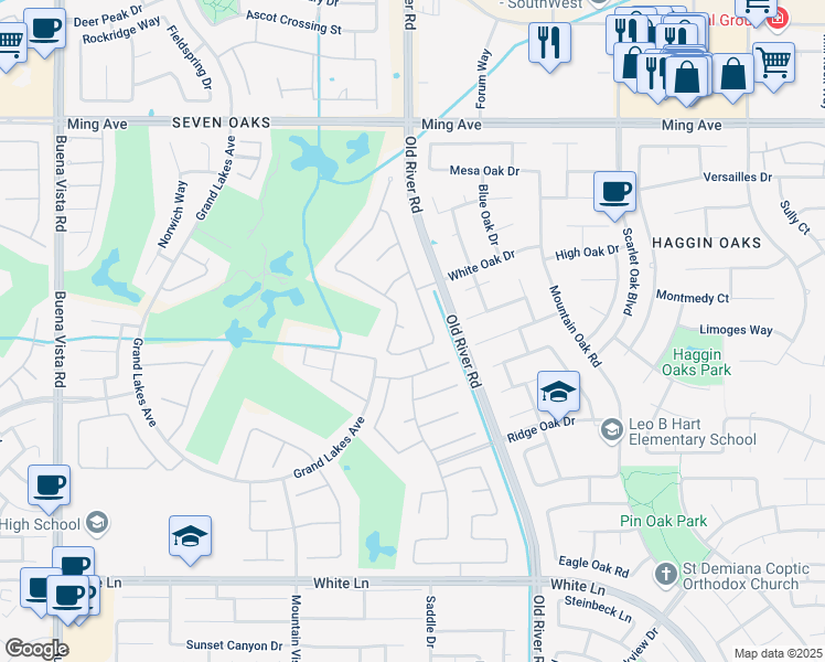 map of restaurants, bars, coffee shops, grocery stores, and more near 10102 Lace Cascade Court in Bakersfield