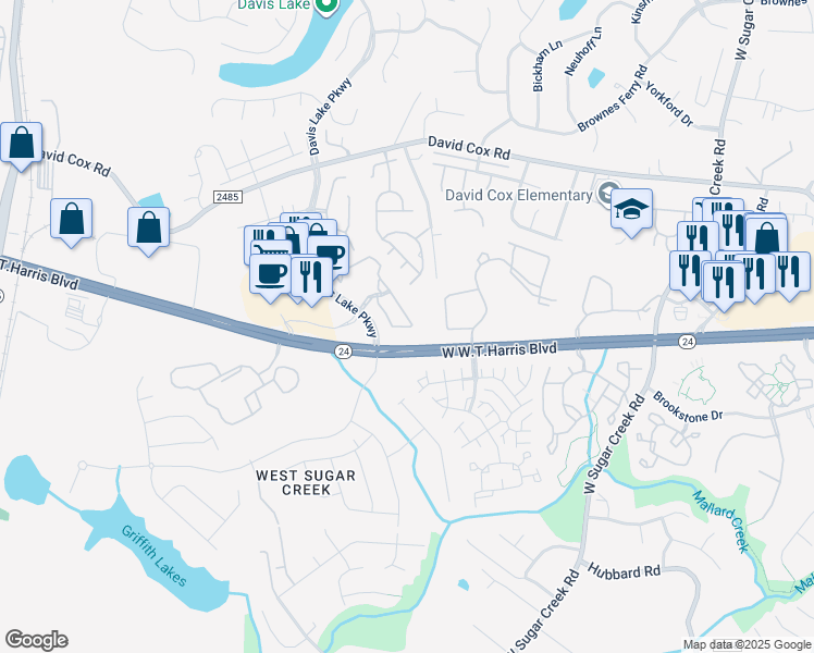 map of restaurants, bars, coffee shops, grocery stores, and more near 8494 University Station Circle in Charlotte