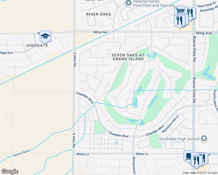 map of restaurants, bars, coffee shops, grocery stores, and more near 2404 Edingal Drive in Bakersfield
