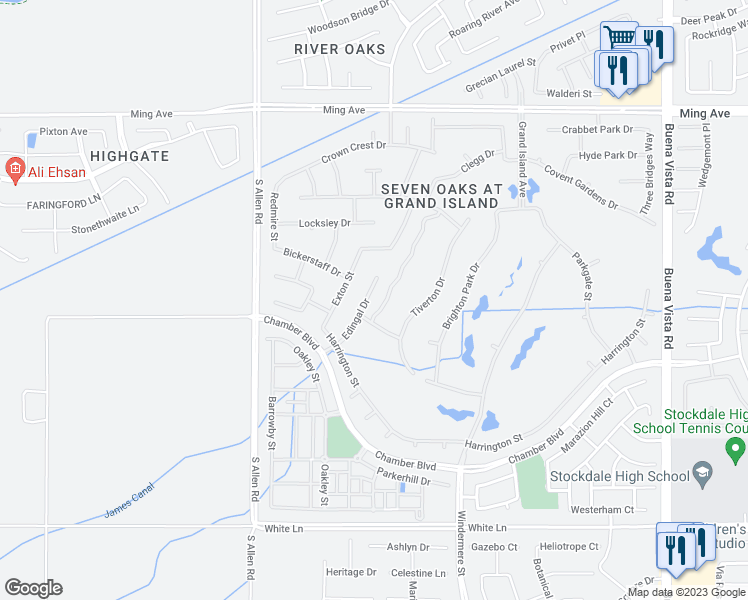 map of restaurants, bars, coffee shops, grocery stores, and more near 2404 Edingal Drive in Bakersfield