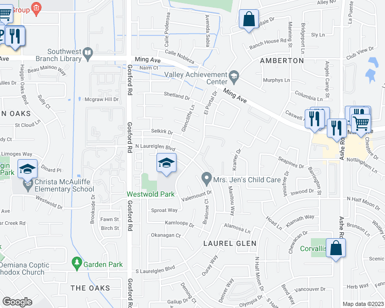map of restaurants, bars, coffee shops, grocery stores, and more near 2400 El Portal Drive in Bakersfield