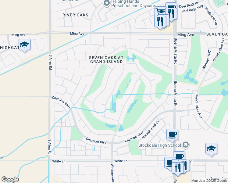 map of restaurants, bars, coffee shops, grocery stores, and more near 2406 Brighton Park Drive in Bakersfield