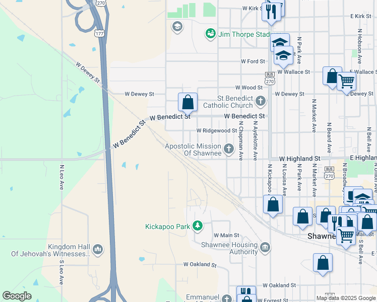 map of restaurants, bars, coffee shops, grocery stores, and more near 504 North Bonita Avenue in Shawnee