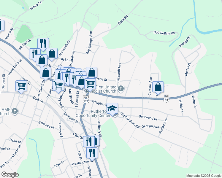 map of restaurants, bars, coffee shops, grocery stores, and more near 297 East Main Street in Forest City