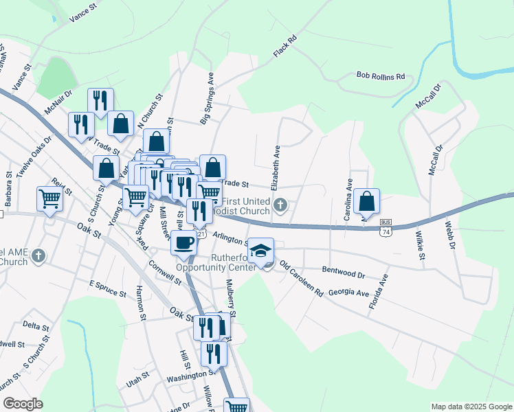 map of restaurants, bars, coffee shops, grocery stores, and more near 297 East Main Street in Forest City