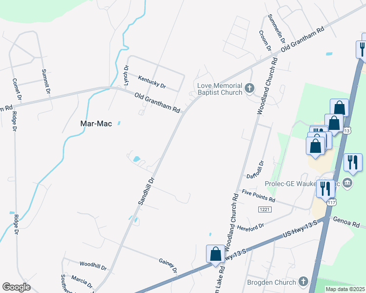 map of restaurants, bars, coffee shops, grocery stores, and more near 193 Sandhill Drive in Goldsboro