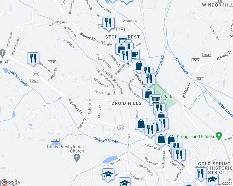 map of restaurants, bars, coffee shops, grocery stores, and more near 1726 Upper Ridgewood Boulevard in Hendersonville