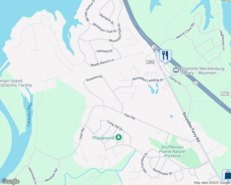 map of restaurants, bars, coffee shops, grocery stores, and more near 12549 Susanna Drive in Charlotte
