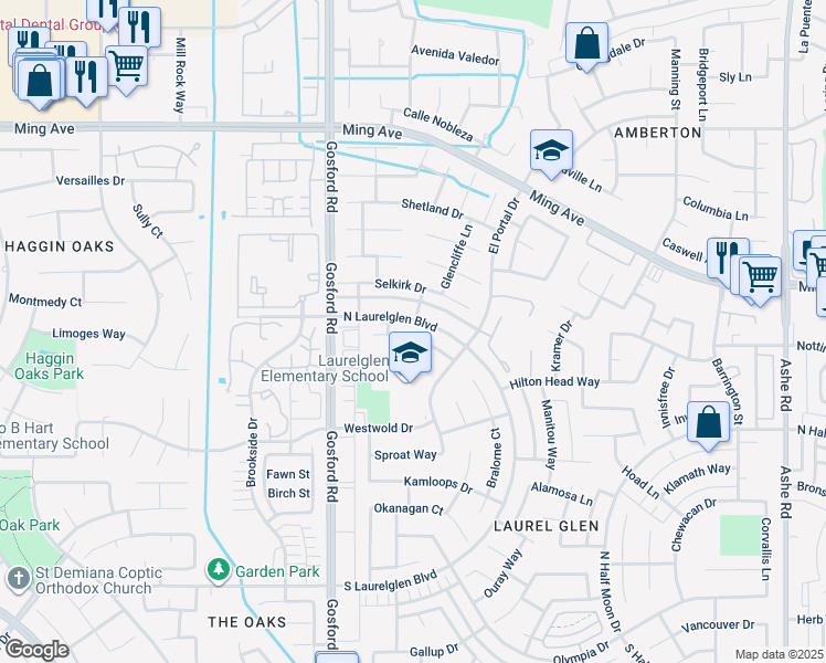 map of restaurants, bars, coffee shops, grocery stores, and more near 7804 Revelstoke Way in Bakersfield