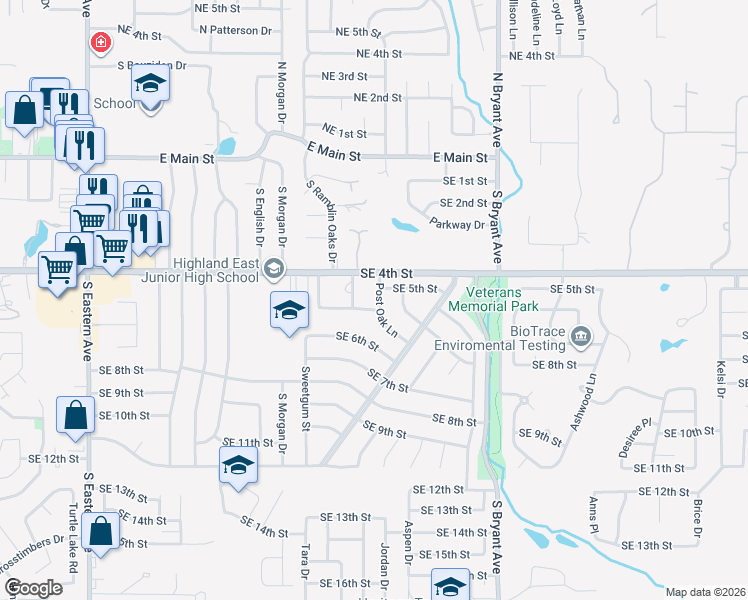 map of restaurants, bars, coffee shops, grocery stores, and more near 1601 Southeast 5th Street in Moore