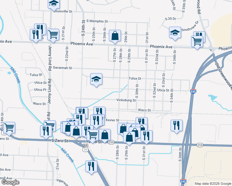 map of restaurants, bars, coffee shops, grocery stores, and more near 5019 South 28th Street in Fort Smith