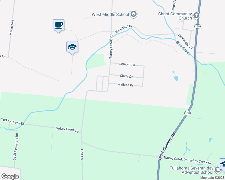 map of restaurants, bars, coffee shops, grocery stores, and more near 701 Turkey Creek Road in Tullahoma