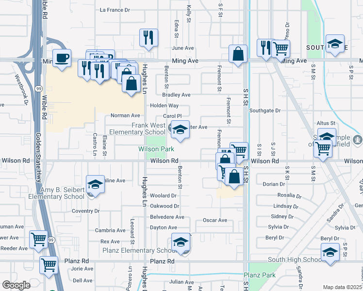 map of restaurants, bars, coffee shops, grocery stores, and more near 2400 Benton Street in Bakersfield