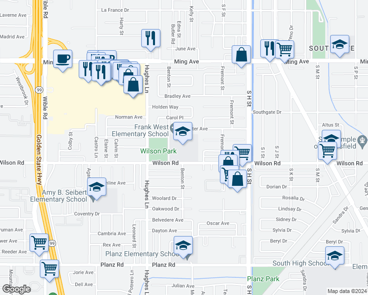 map of restaurants, bars, coffee shops, grocery stores, and more near 2400 Benton Street in Bakersfield
